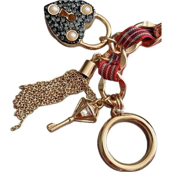 Betsey Johnson Pave Heart Lock & Key Gold Charms Plaid Ribbon Toggle Bracelet - Picture 5 of 5